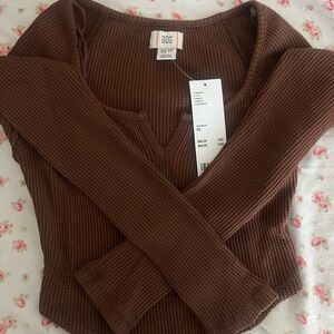 Urban Outfitters Size Xs Brown Ribbed Long Sleeve with front notch cut neckline